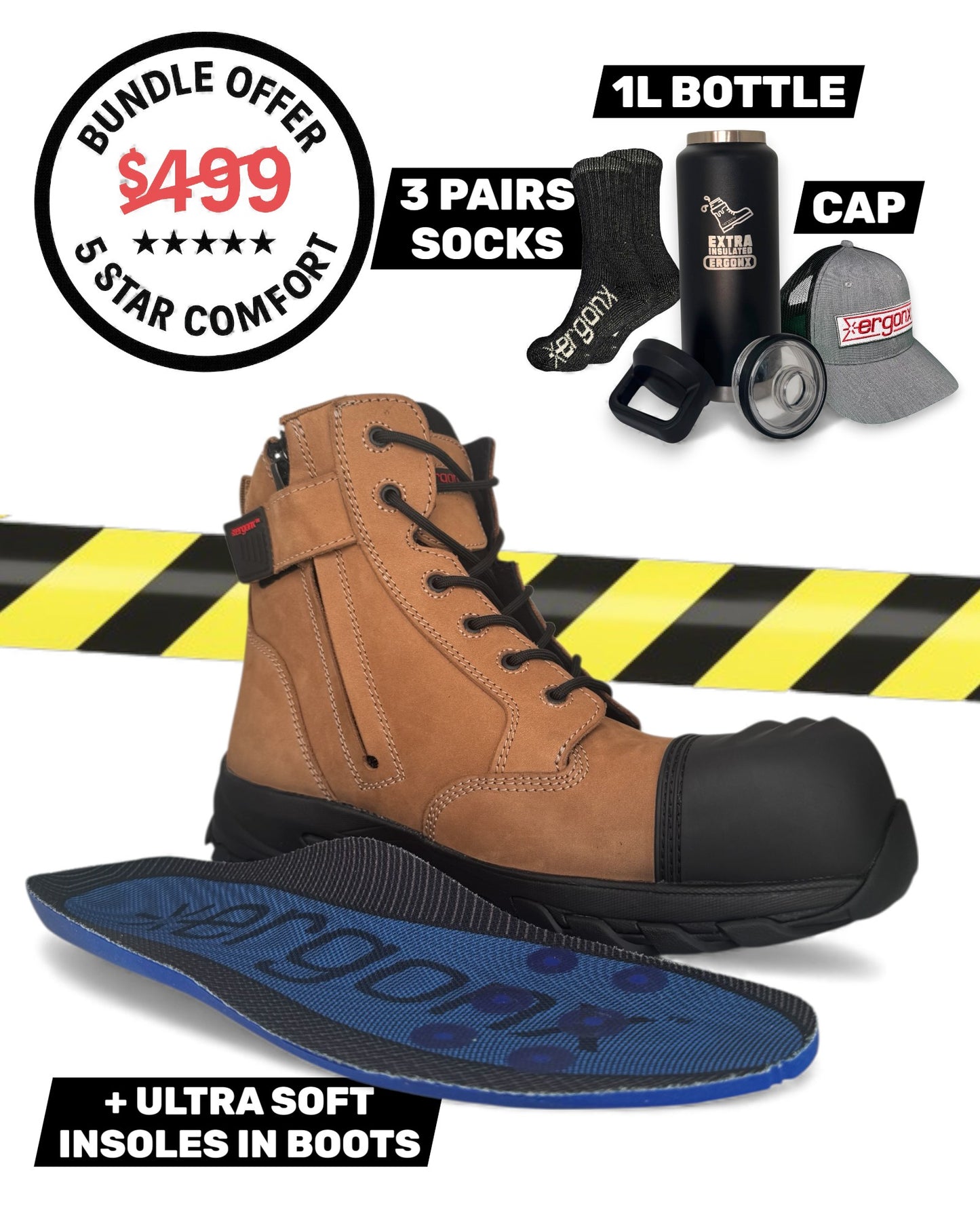 Comfort Bundle - Tan & Black Cap Lace Up + 3 pairs socks + 1L Bottle & Cap