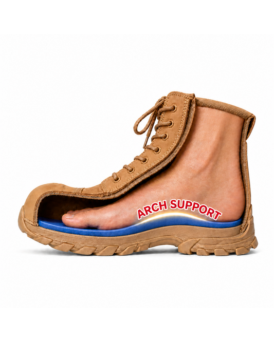ErgonX Helium All-Tan work boot cutaway showing built-in blue orthotic arch support