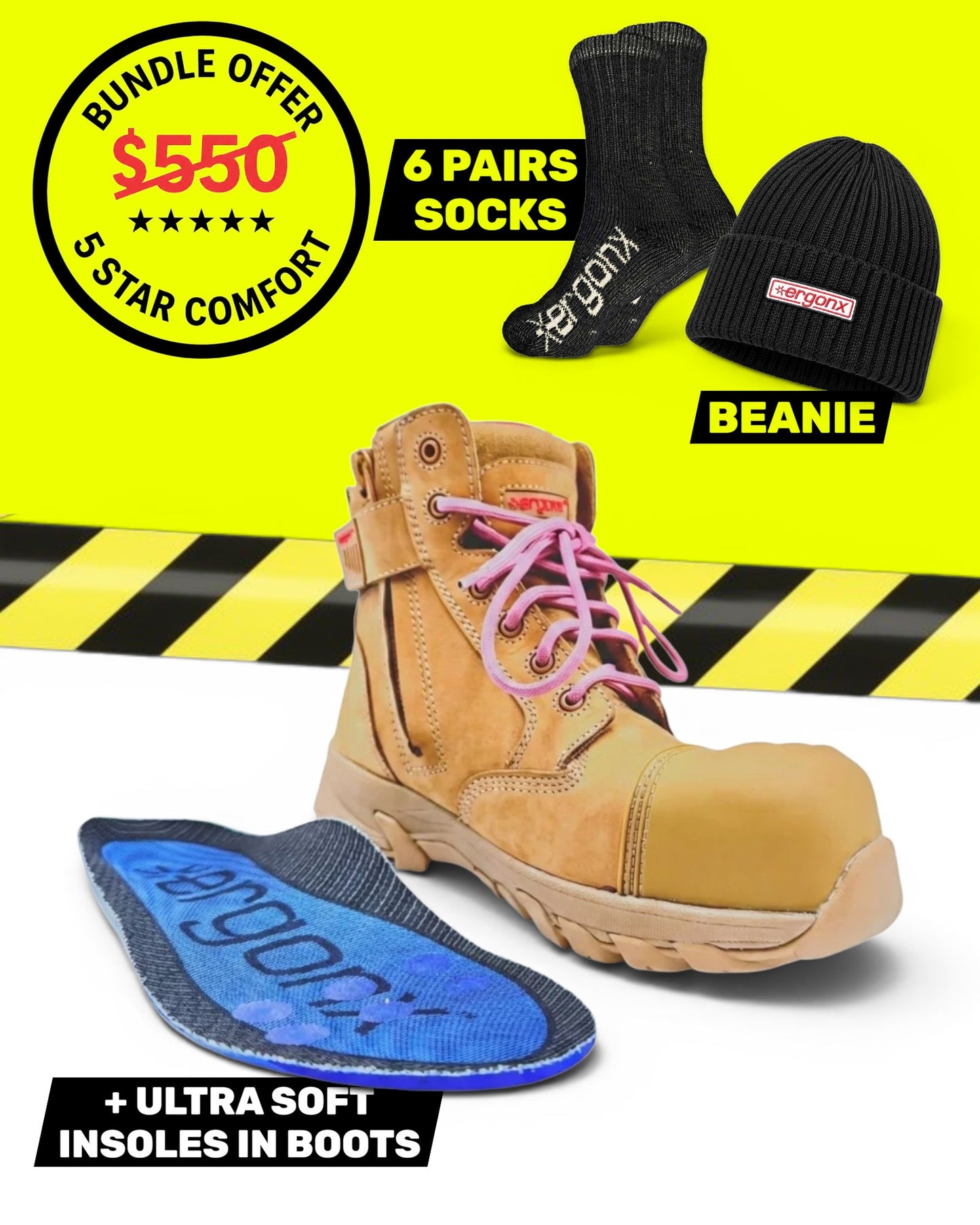 Ergonx Womens All Tan Slip Safety Boots + 6 Socks + Beanie Bundle