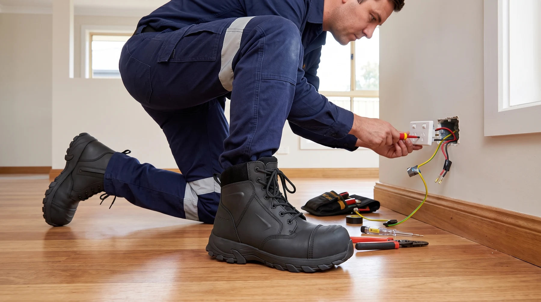Electrician kneeling at a power point in Helium Black boots