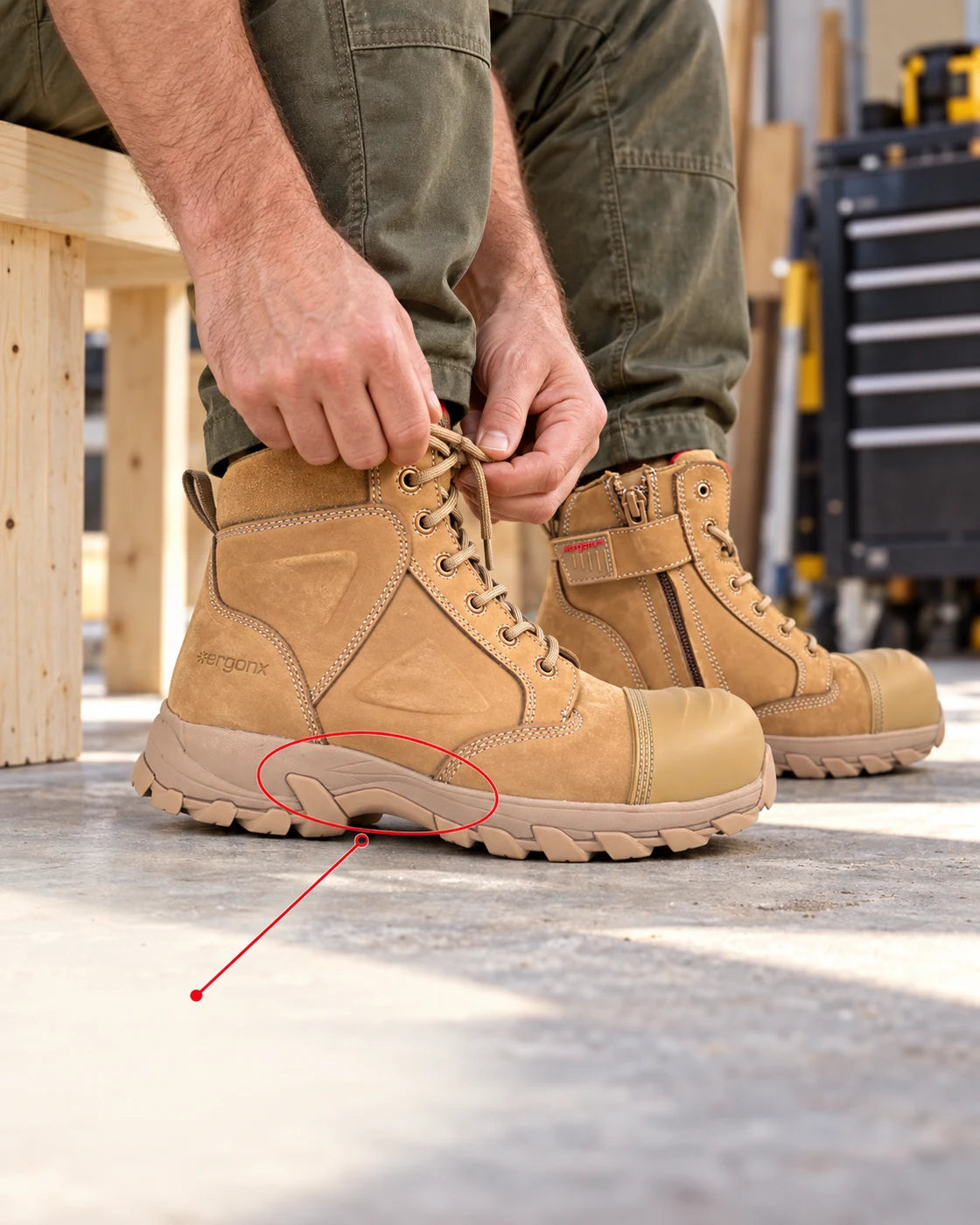 Worker adjusting Helium All Tan laces to check pressure over the instep