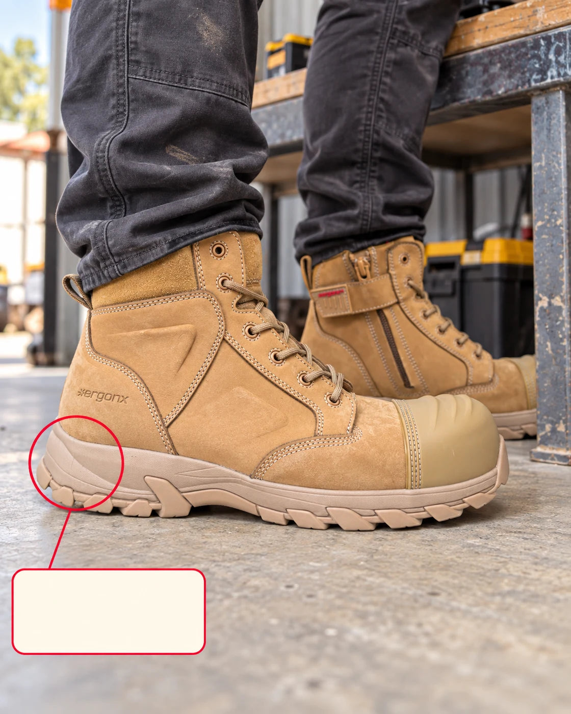 Worker adjusting Helium All Tan laces while checking fit before a shift