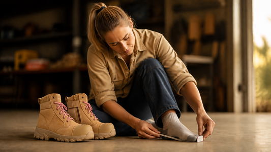 ErgonX ladies Helium All-Tan work boots with pink laces and zips on the inside ankles