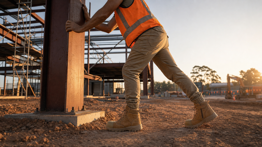 Australian tradie performing a calf stretch before work