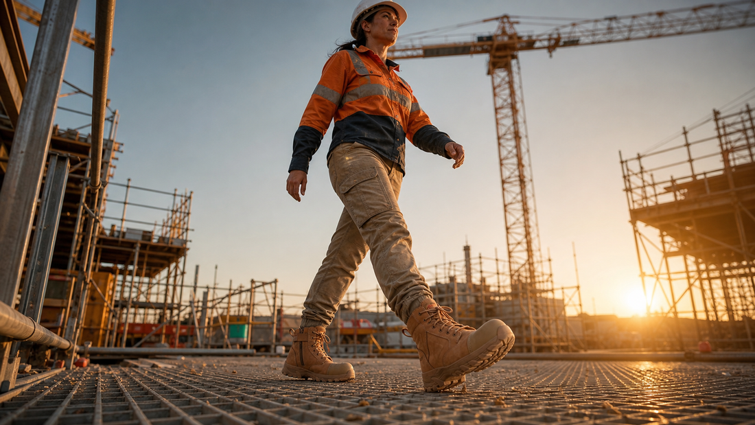 Australian woman tradie walking in ErgonX Ladies Helium safety boots
