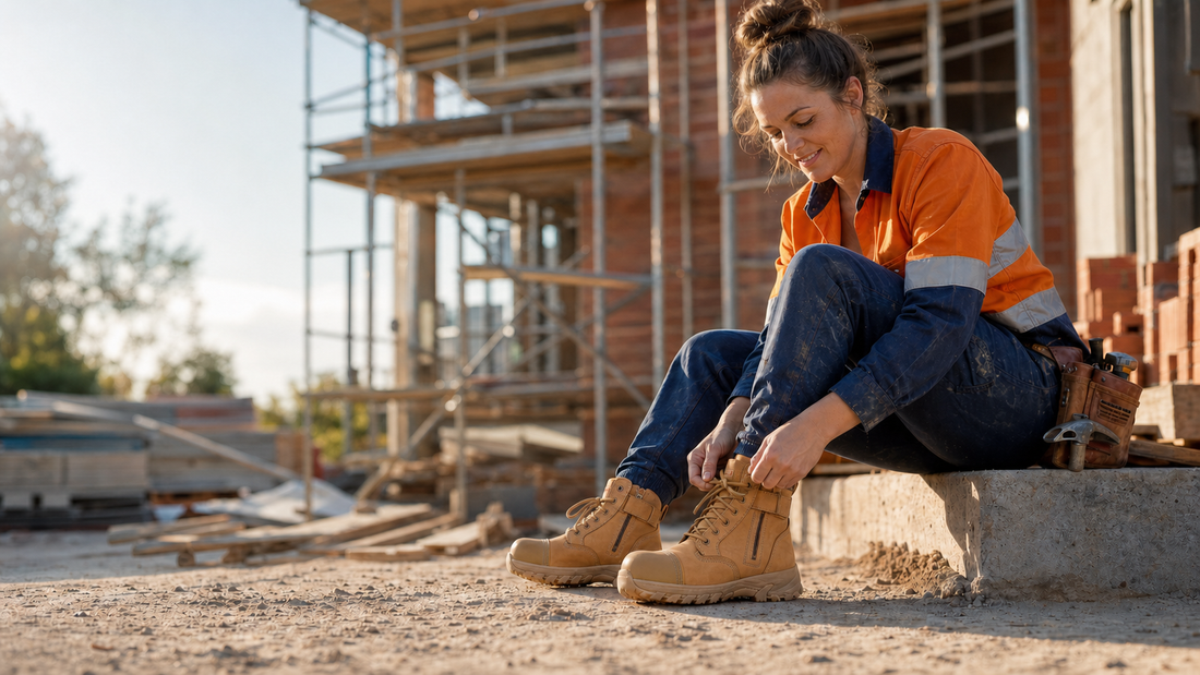 Australian woman tradie lacing ErgonX Ladies Helium safety boots