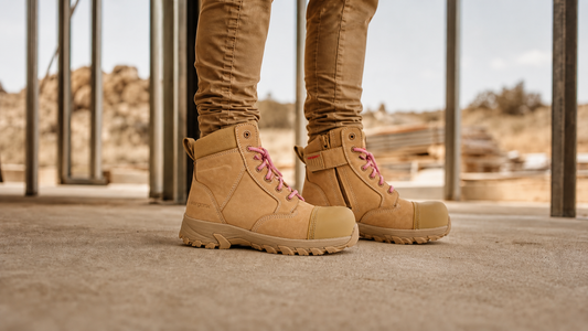 Woman wearing ErgonX ladies Helium All-Tan work boots with pink laces on a construction site