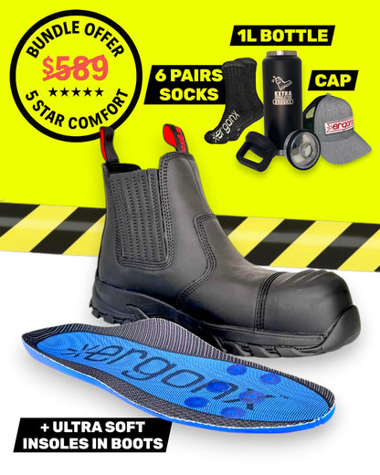 Ergonx Black Slip On Safety Boots + 6 Socks + 1L Bottle & Cap Bundle