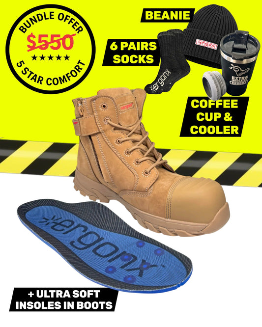 Ergonx All Tan Lace Up Safety Boots + 6 Socks + Beanie + Coffee Cup & Cooler