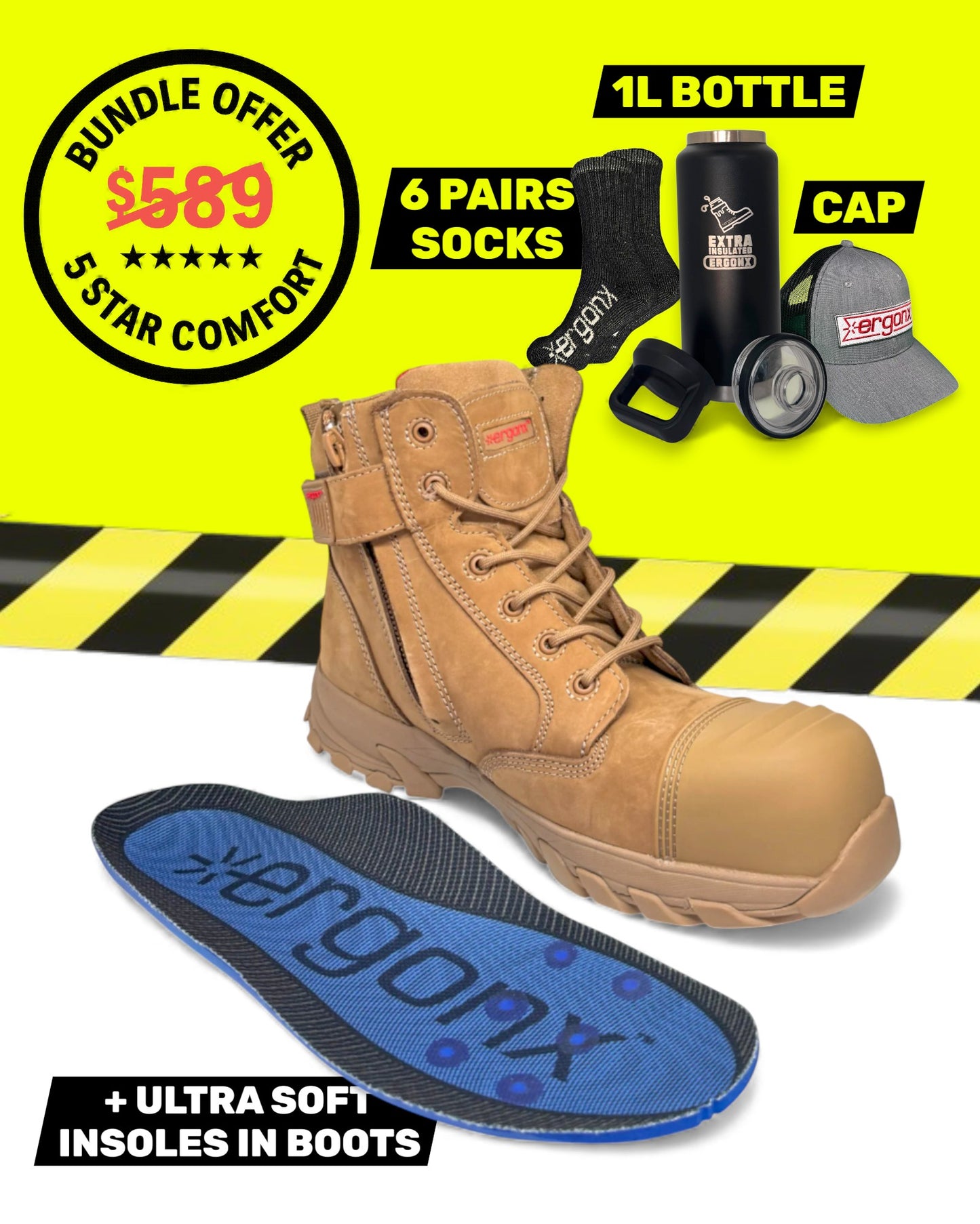 Ergonx All Tan Lace Up Safety Boots + 6 Socks + 1L Bottle & Cap Bundle