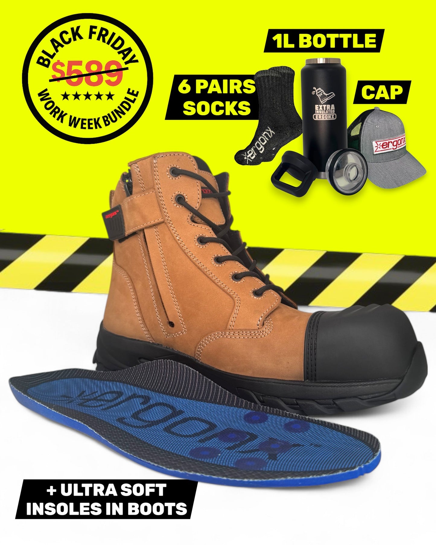 Ergonx Tan Lace Up Safety Boots + 6 Socks + 1L Bottle & Cap Bundle
