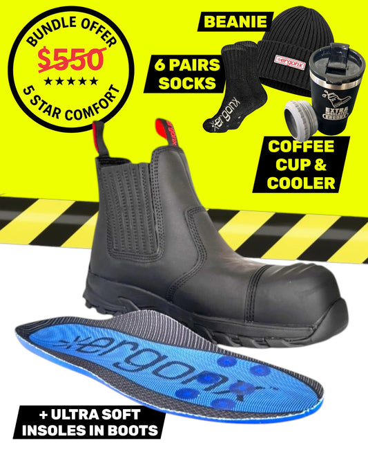 Ergonx Black Slip On Safety Boots + 6 Socks + Beanie + Coffee Cup & Cooler