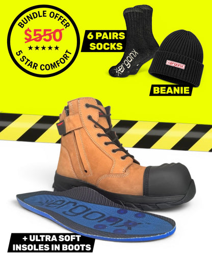 Ergonx Tan Lace Up Safety Boots + 6 Socks + Beanie
