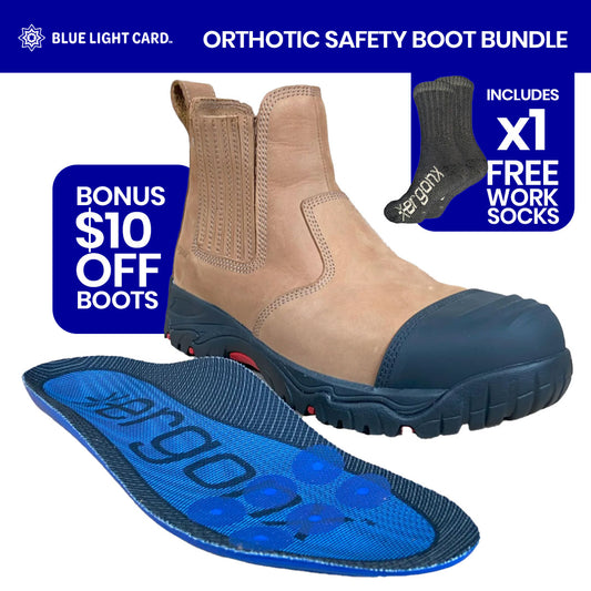 Blue Light Card Tan Slip On Safety Boots + Socks Bundle