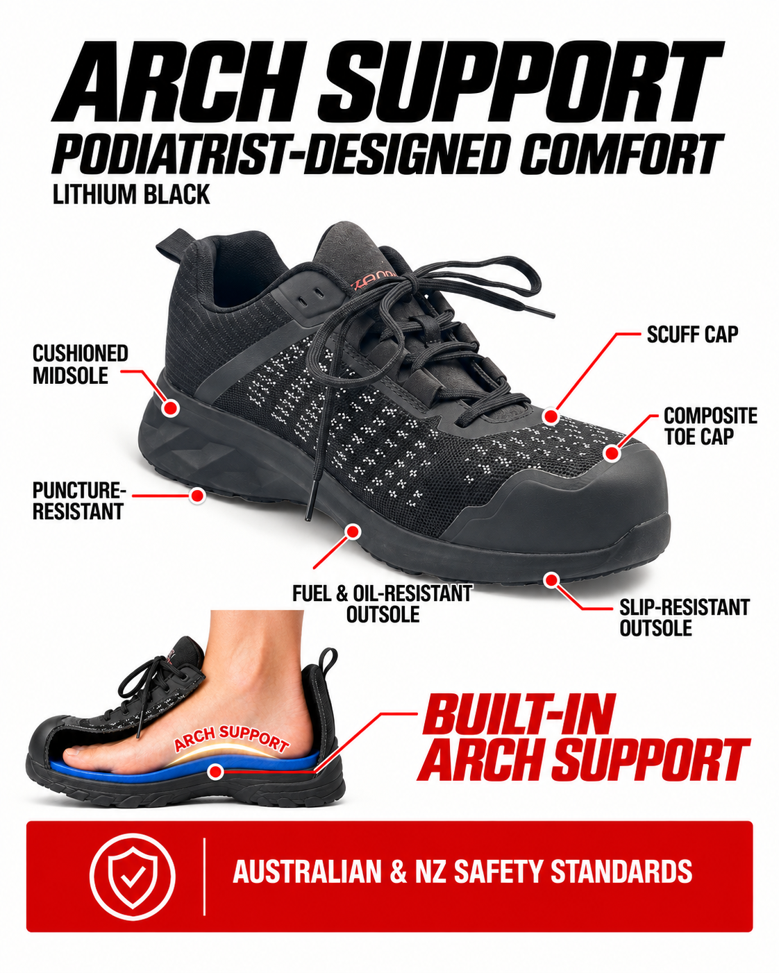 Ergonx Orthotic Safety Shoe Lace Up (LITHIUM) Black