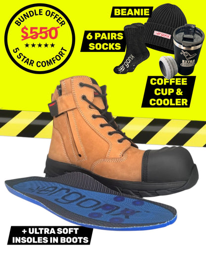 Ergonx Tan Lace Up Safety Boots + 6 Socks + Beanie + Coffee Cup & Cooler