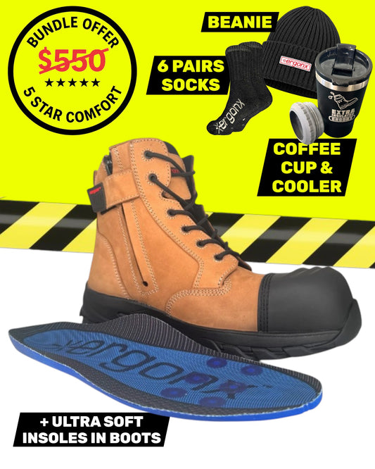 Ergonx Tan Lace Up Safety Boots + 6 Socks + Beanie + Coffee Cup & Cooler