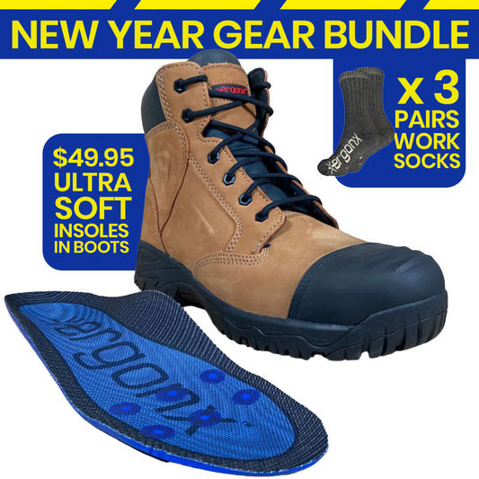 Ergonx Tan Lace Up Safety Boots + Socks Bundle