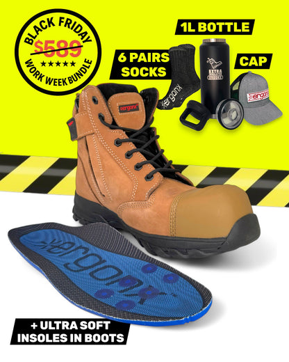 Ergonx Tan Toe Lace Up Safety Boots + 6 Socks + 1L Bottle & Cap Bundle