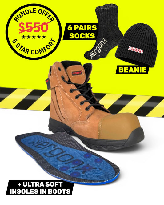 Ergonx Tan Toe Lace Up Safety Boots + 6 Socks + Beanie & Cooler