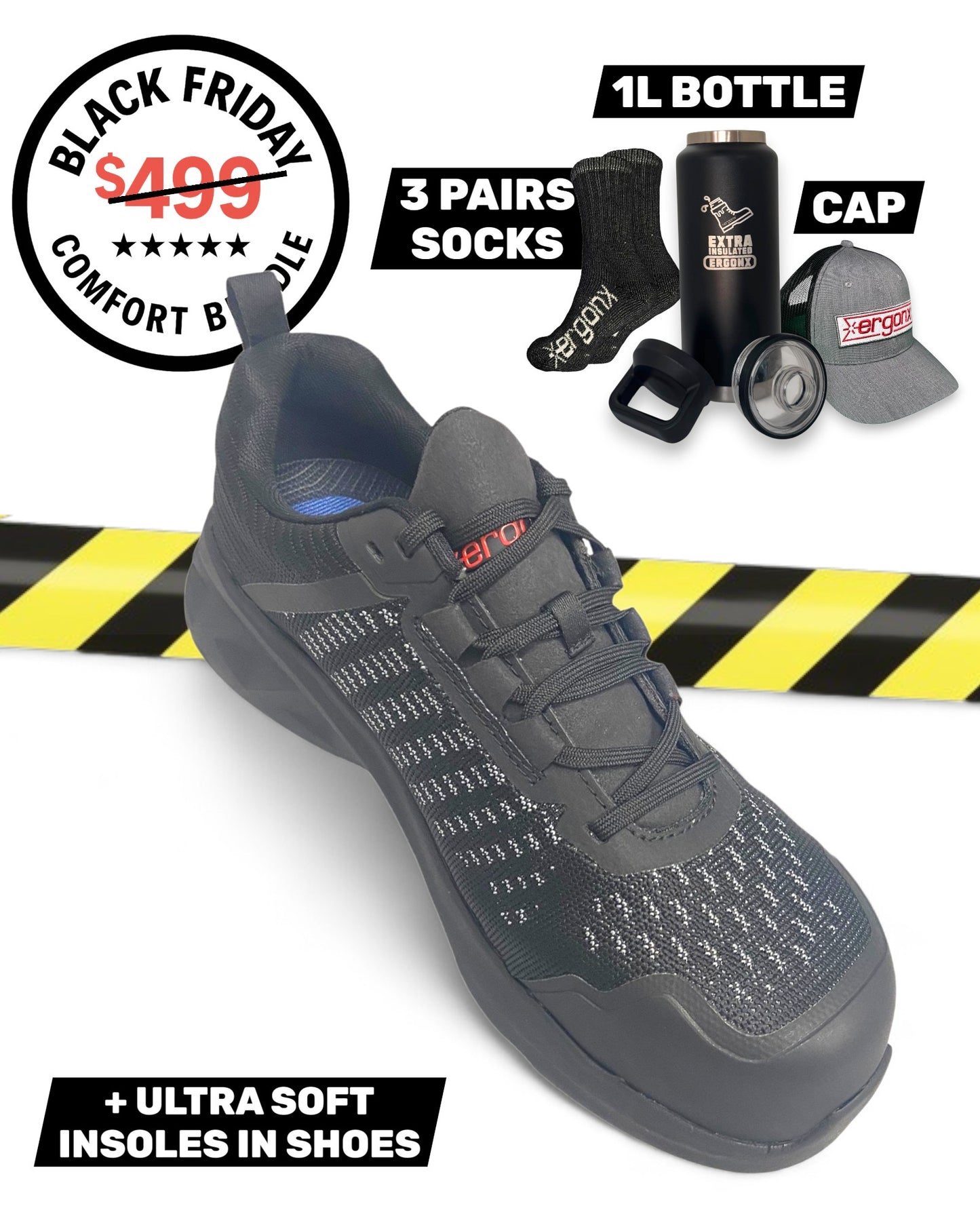 Comfort Bundle - Safety Work Shoe + 3 Pairs Socks + 1L Bottle + Cap