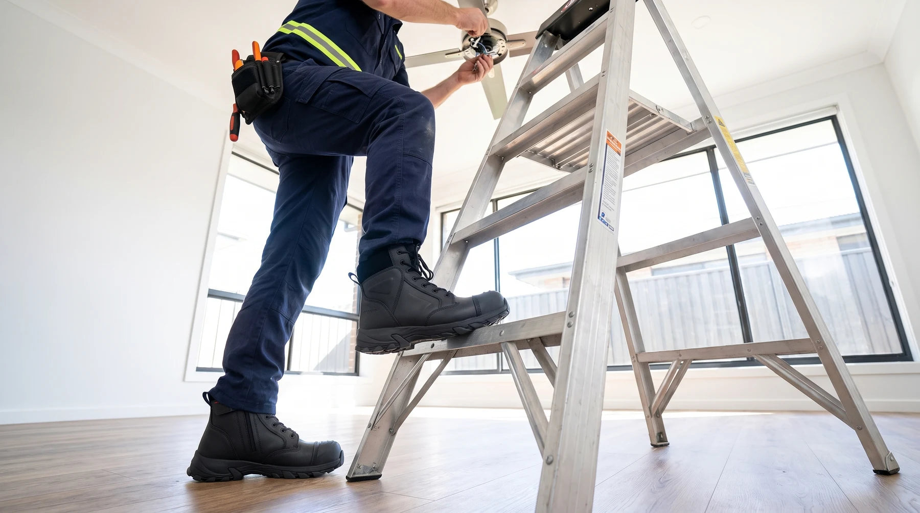 Electrician in Helium Black boots working from ladder steps