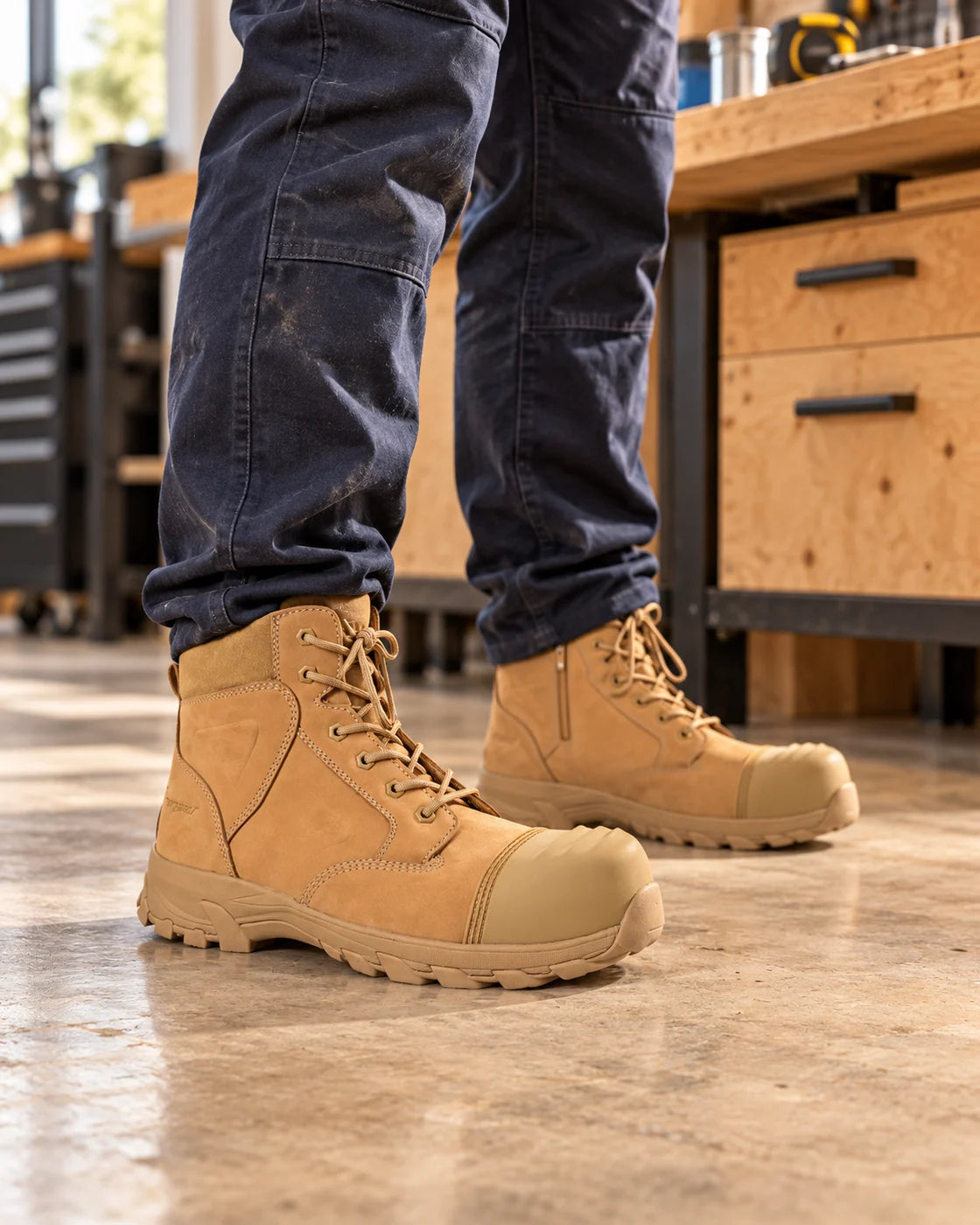Helium All Tan work boots worn while standing at a workshop bench