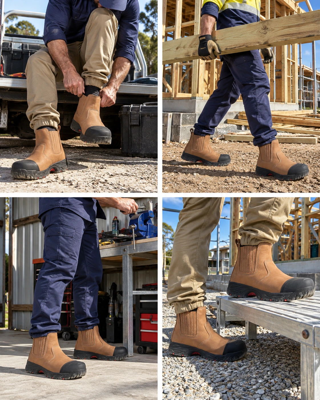 Slip-on work boots: worker pulling on boots at ute bench, with Ergonx Hydrogen Tan footwear